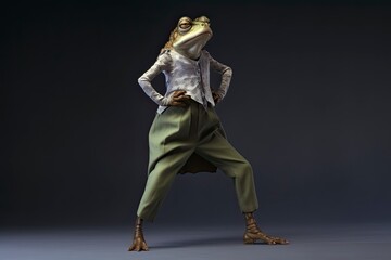 Illustration of  frog wearing a shirt and pants like a model walks down the fashion runway or catwalk. The stage lights are focused on it. Generative Ai.