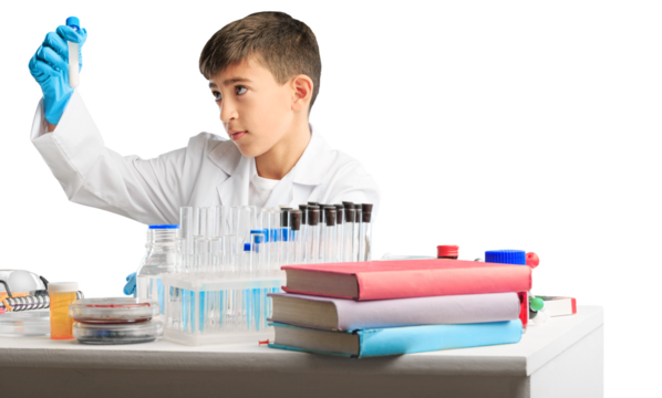 Little child chemistry with water for easy science experimental online class, new normal and distance learning, e-learning for kid in covid-19 pandemic.