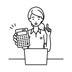 a woman in polo shirt recommending, proposing, showing estimates and pointing a calculator with a smile in front of laptop pc