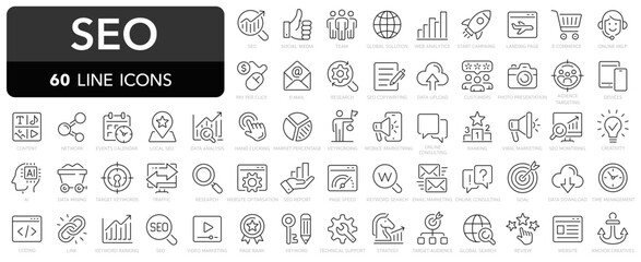 SEO line icons set. Search Engine Optimization symbol collection. Search, content, analysis, traffic, link, development, optimization, - stock vector. - obrazy, fototapety, plakaty