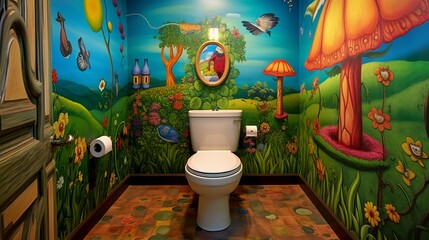 A whimsical and playful toilet with fun wallpaper