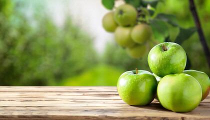 Fresh ripe green apples on wooden table against blurred background, space for text