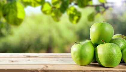 Green apple on wooden vintage table over bokeh background