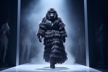  Illustration of a gorilla wearing a dress like a model walks down the fashion runway or catwalk. The stage lights are focused on it. Generative Ai.