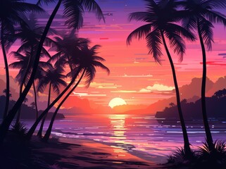 Obraz na płótnie Canvas beautiful purple and orange tropical sunset, south east asia thailand golden hour sunset, palm trees, ocean, silhouette, 
