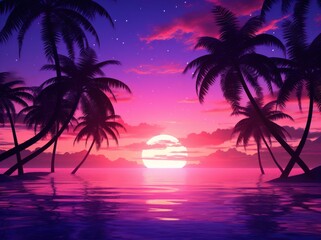 beautiful purple and orange tropical sunset, south east asia thailand golden hour sunset, palm trees, ocean, silhouette, 