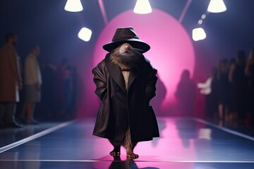 Illustration of  mole wearing a coat and hat like a model walks down the fashion runway or catwalk. The stage lights are focused on it. Generative Ai.