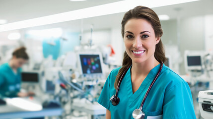 portrait of female Nurse wearing blue labcoat working in the worplace of laboratory. Medicine Doctor female working at a hospital with medical devices in background, Generative Ai