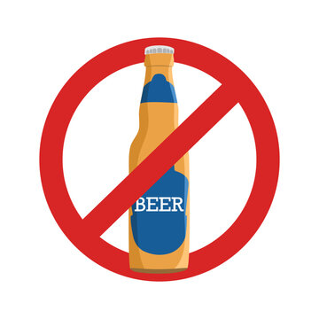 No beer sign. Not allow beer bottle. Alcohol inside red prohibition sign.