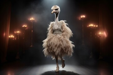Illustration of a ostrich wearing a dress like a model walks down the fashion runway or catwalk. The stage lights are focused on it. Generative Ai. - obrazy, fototapety, plakaty