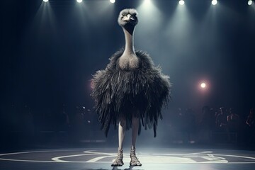 Illustration of a ostrich wearing a dress like a model walks down the fashion runway or catwalk. The stage lights are focused on it. Generative Ai.