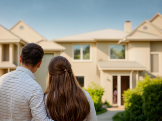 Rear view stock photo lovely couple looking at their sweet home