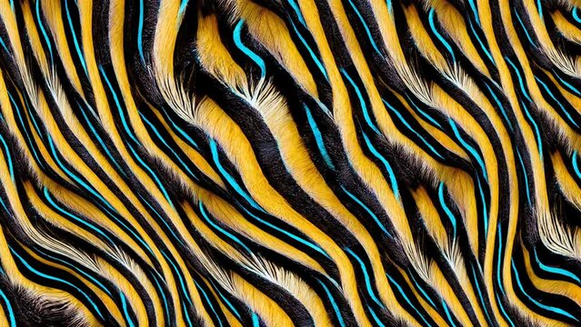 Turbulent scroll of animal fur print illustration. Distorted pattern of digital painting of yellow zebra fabric