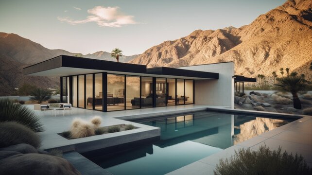 Home architecture design in Modern Farmhouse Style with Porch with swing constructed by White board and batten siding, metal roof material. Gable roof with steep pitches. Generative AI AIG25 .