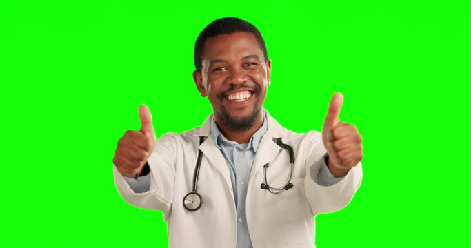 Thank you, doctor with thumbs up and in a green screen for healthcare. Success or achievement, congratulations or positive results and happy male surgeon with like hand emoji for feedback or vote