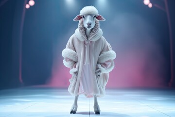 Illustration of a sheep wearing a fur coat or coat like a model walks down the fashion runway or catwalk. The stage lights are focused on it. Generative Ai.