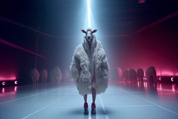 Illustration of a sheep wearing a fur couat or coat like a model walks down the fashion runway or catwalk. The stage lights are focused on it. Generative Ai.