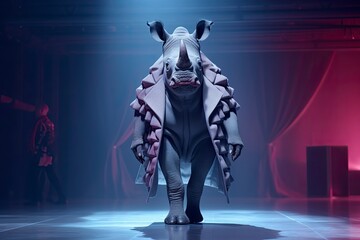 Illustration of a rhinoceros or rhino wearing a dress like a model walks down the fashion runway or catwalk. The stage lights are focused on it. Generative Ai.