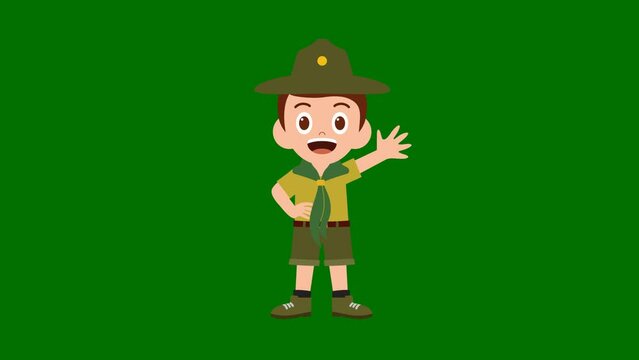 Happy Boy Scout waving animation on green screen, young scout animation character with key color