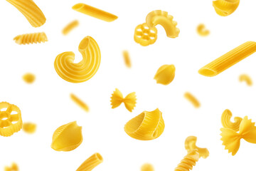 Falling uncooked Italian Pasta, isolated on white background, selective focus