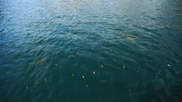low flight over a clear blue water surface, background Blue water waves surface, beautiful background with copy space. Fresh drinking water,