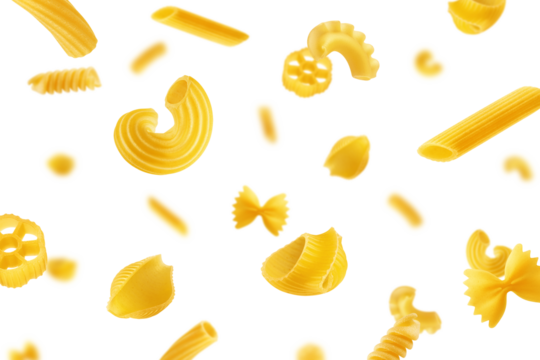 Falling uncooked Italian Pasta, isolated on white background, selective focus
