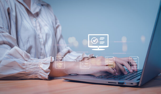 woman hand do Document Management System (DMS),online documentation database and process automation to efficiently manage files, Corporate business technology.