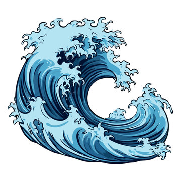 Vector sea wave. Illustration of blue ocean waves with white foam. Isolated splash of water, made in cartoon style. An element for your design.