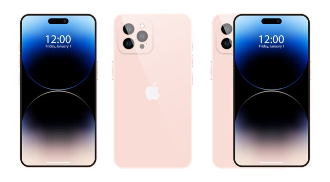 Apple iPhone 14. Smart phone. Available in pink color. New iPhone 14 pro max. Mock-up screen iphone and back side iphone. By Apple Inc. Original presentation. Editorial.