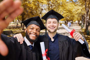Graduate selfie, portrait and students on college or university campus, success and diploma celebration. Face of friends, graduation people or men for education, certificate and diversity photography