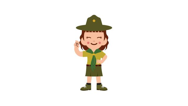 Happy Girl Scout waving animation on white screen, young scout animation character with key color