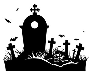 Сemetery background. Black rickety crosses with graveston with bats and skull silhouette.