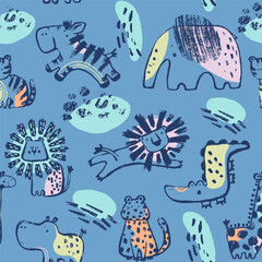 Summer animals tropical seamless pattern. Hand drawn african . Beach vacation background - 619468776