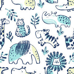Summer animals tropical seamless pattern. Hand drawn african . Beach vacation background