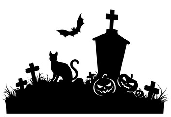 Сemetery background. Black rickety crosses with gravestones with  pumpkins, bat and cat silhouette.