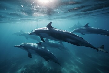 A detailed illustration of a group of marine mammals, such as dolphins or whales, in their natural environment, Generative AI