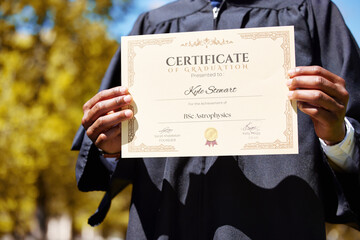 College, hands and closeup of a graduation diploma for success, achievement or goal. Scholarship, college and zoom of graduate, student or person holding degree or diploma scroll for education - obrazy, fototapety, plakaty