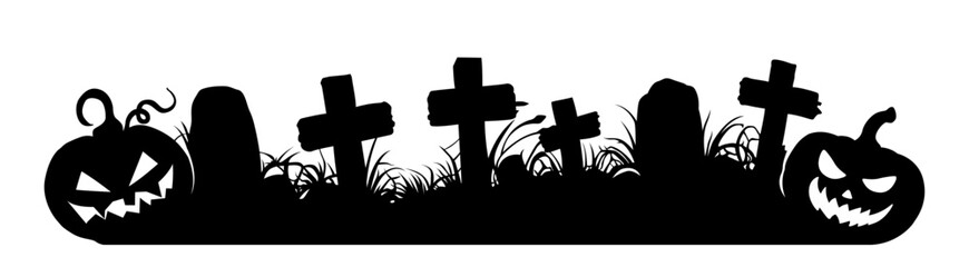 Сemetery background. Black rickety crosses with graveston and pumpkins.