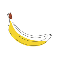One line banana illustration in yellow color. Single line banana. Line drawing fruit in color