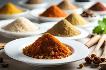 Spices and herbs in white plates. AI Image