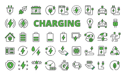 Charging icons set in line design green. Business,Teamwork, Collaboration, Leadership, Meeting, Communication, Human resources, People vector illustrations.Business icons vector editable stroke