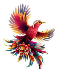 A bright bird with colorful feathers in flight on white background. AI Generative.