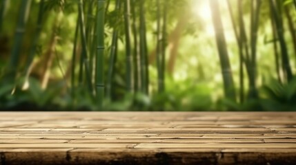 Naklejka na ściany i meble empty wooden table blurred bamboo tree background