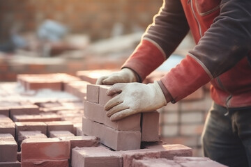 Construction workers are working laying out the bricks erecting the walls.