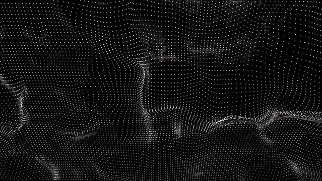 Futuristic grid wave of white halftone digital dots data smooth seamless animation on dark with dim light background. Flow particles landscape. For cyber technology, sound visualization, big data