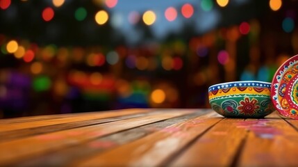 empty wooden table, blurred day of the dead skull  background
