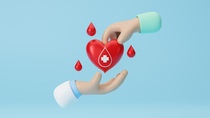 3D cartoon hand holding blood drop with red cross, blood donation, medical health care, volunteer concept. Donate and helping hand, heart donation for heart disease concept. 3d rendering illustration