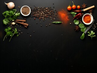 Bowls with herbs and spices and vegetables and fruits