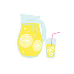 Glass of lemonade. Refreshing lemonade illustration. Glass with straw and pitcher with lemons and ice cubes. Glass and cocktail tube with lemonade or ice tea lemon slice. Cartoon style illustration
