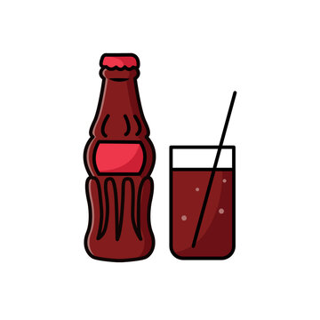 Cola soda drink picture sticker. Vector drawing of a soda cup and bottle in flat cartoon style. Glass of soda with ice cubes and bubbles. Illustration for design fast food menu. Lemonade isolated icon